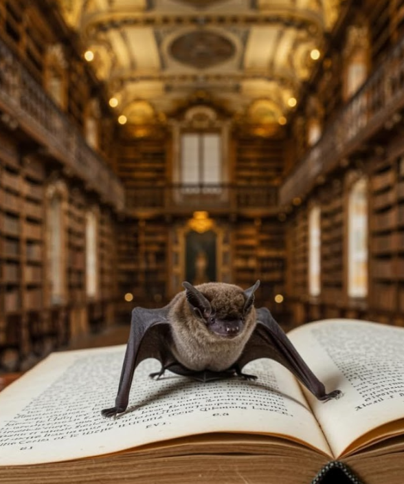 A bat in a library on a book
